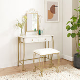 Vanity Table Set with Mirror & Stool, Vintage White